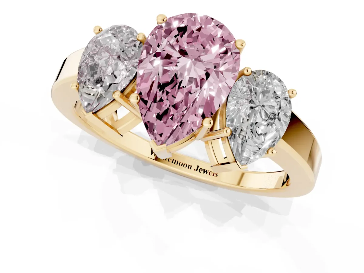 Fancy Pink Three-Stone Pear Cut Cut Diamond Engagement Ring with Flat Band and Four-Prong Setting Yellow gold