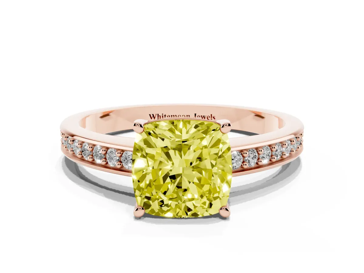 Fancy Yellow Cushion Cut Solitaire Pavé Band Prong Setting Ring Rose gold