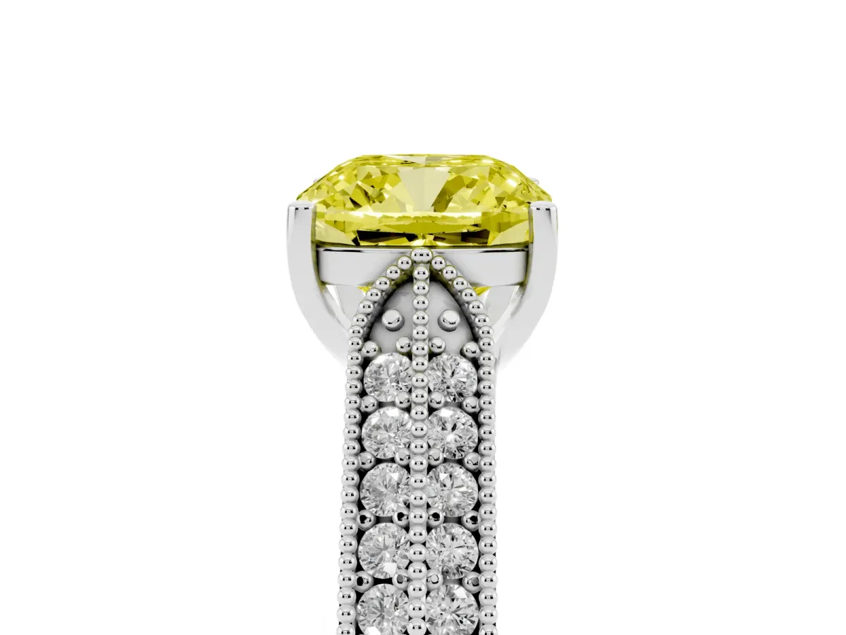Fancy Yellow Cushion Cut Cut Pave Split Shank Engagement Ring with Four-Prong Setting White gold