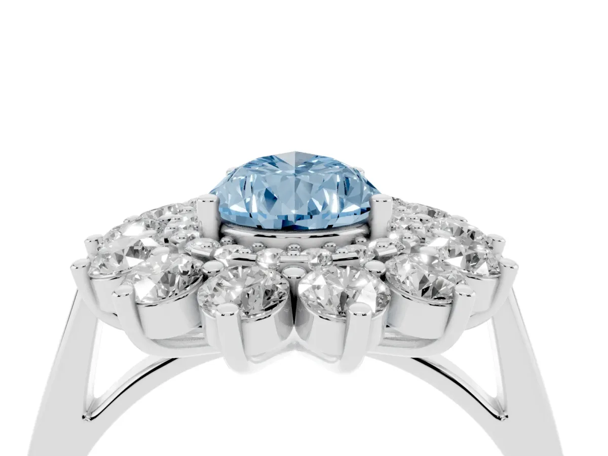Fancy Blue Pear Cut Diamond Floral Double Halo Engagement Ring with Prong Setting Silver