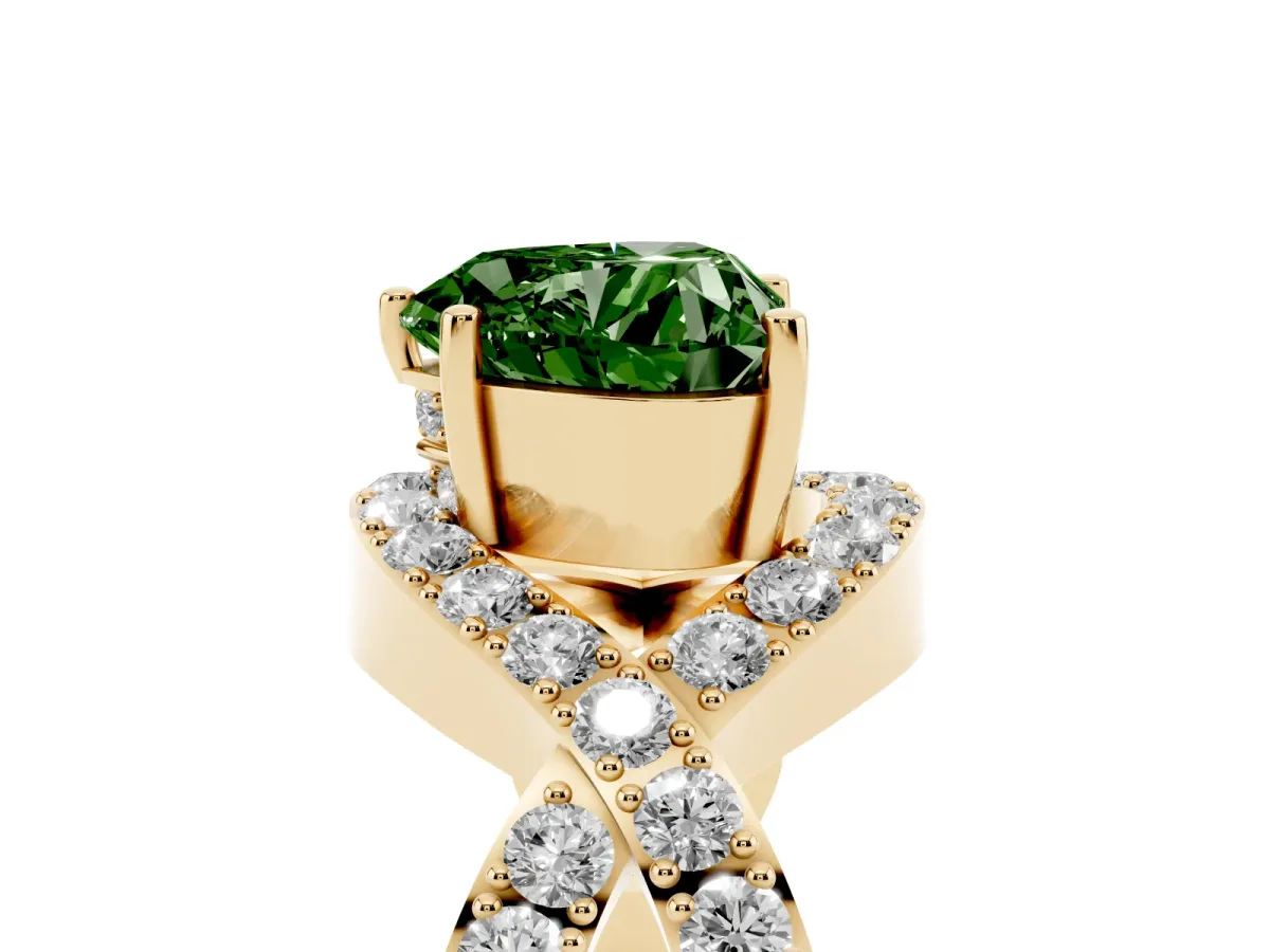 Fancy Green Heart Cut Solitaire Twist Band Pavé Diamond Engagement Ring Yellow gold
