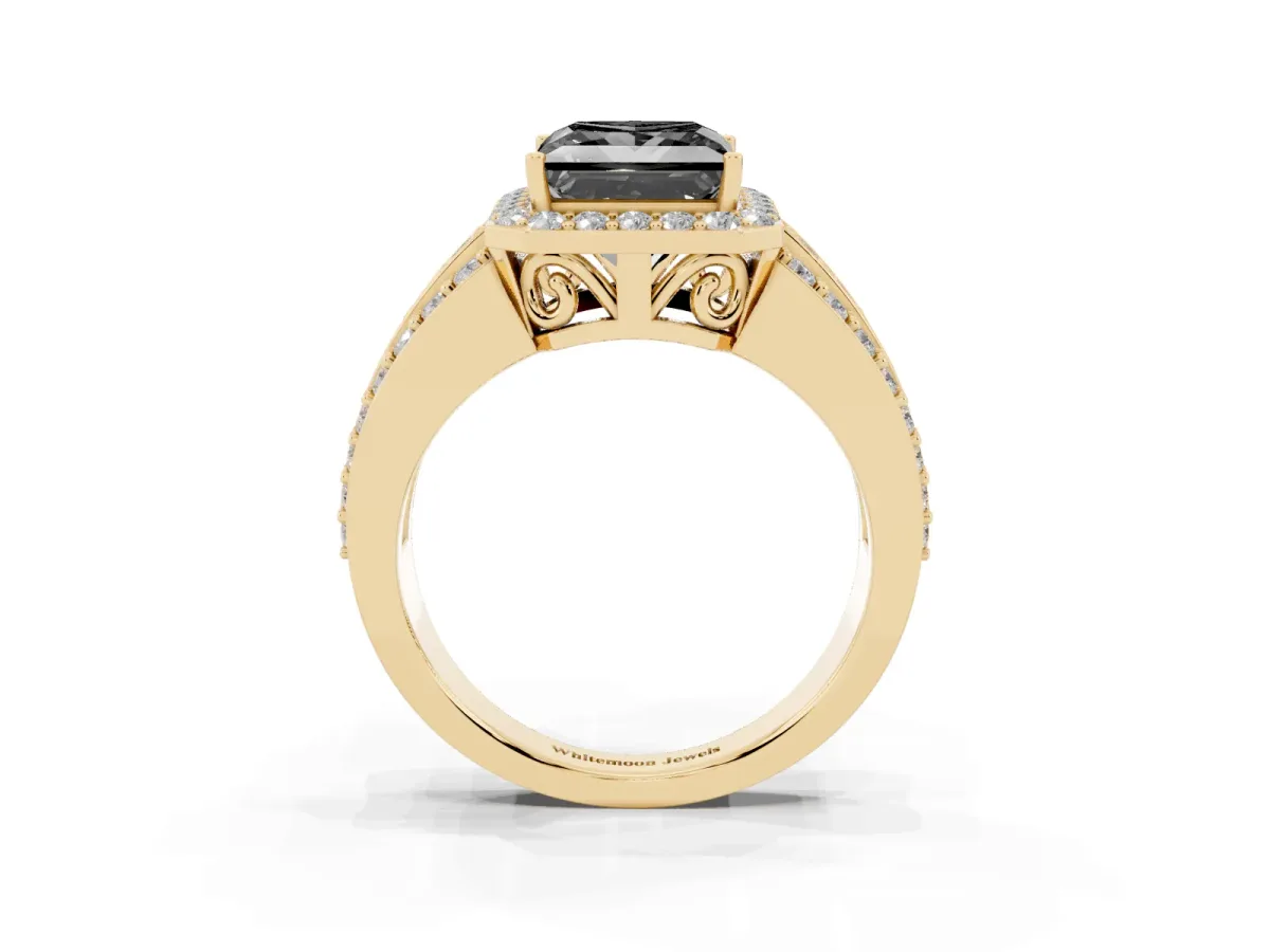 Fancy Black Princess Cut Halo Diamond Ring with Round Split Shank and Prong Setting Yellow gold