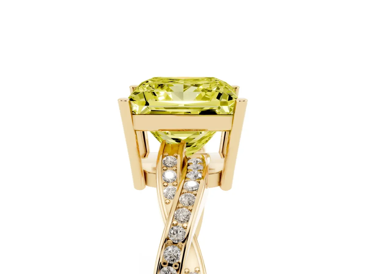 Fancy Yellow Princess Cut Solitaire Twisted Pave Diamond Ring with Four-Prong Setting Yellow gold
