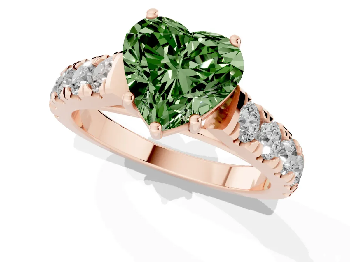 Fancy Green Heart Cut Cut Diamond Solitaire Ring with Micro Pave Band and Prong Setting Rose gold