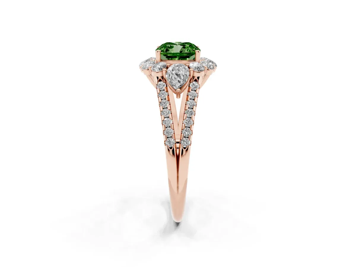 Fancy Green Cushion Cut Halo Split Shank Diamond Engagement Ring with Prong Setting Rose gold