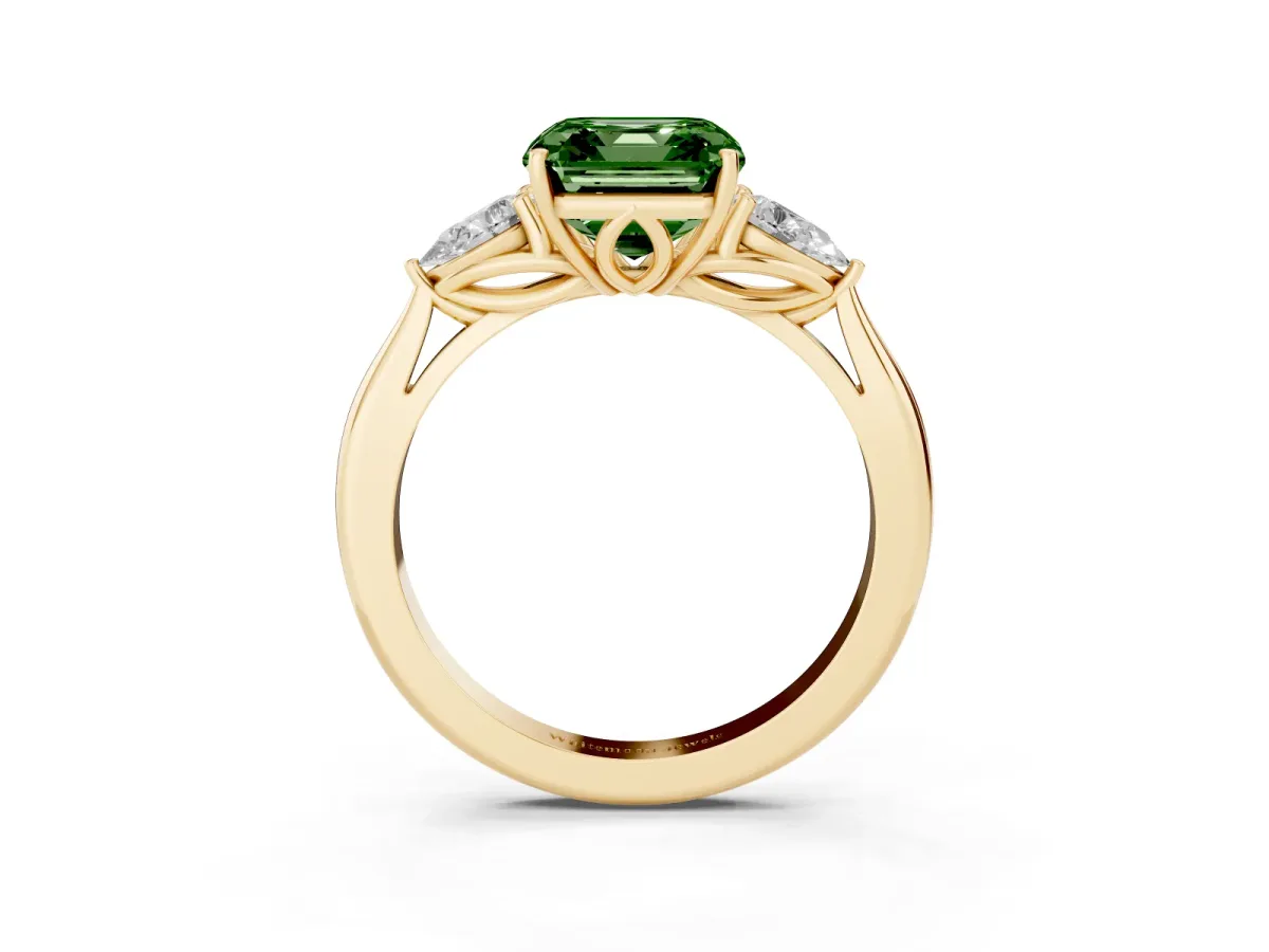 Fancy Green Asscher Cut Diamond Three-Stone Ring with Pear Side Stones and Prong Setting Yellow gold