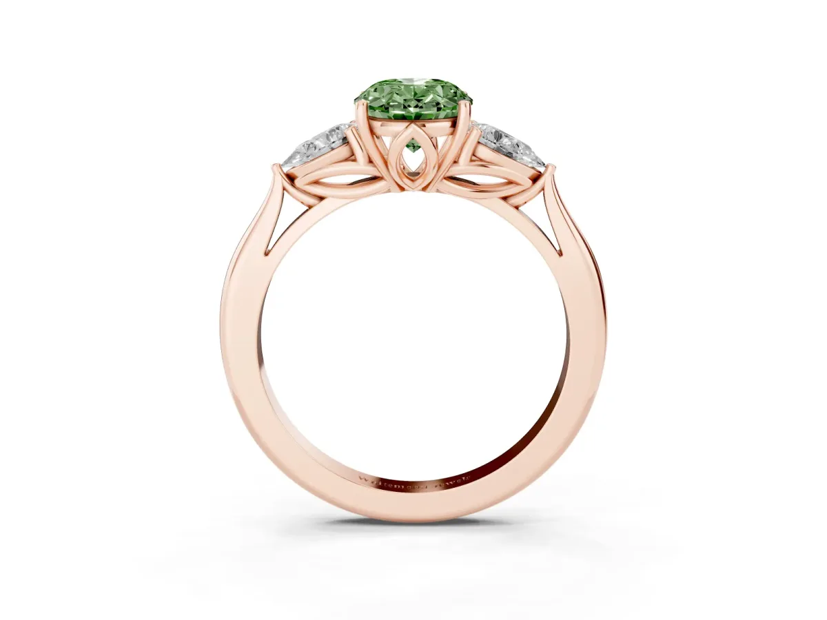 Fancy Green Oval Cut Diamond Three-Stone Ring with Pear Side Stones and Prong Setting Rose gold