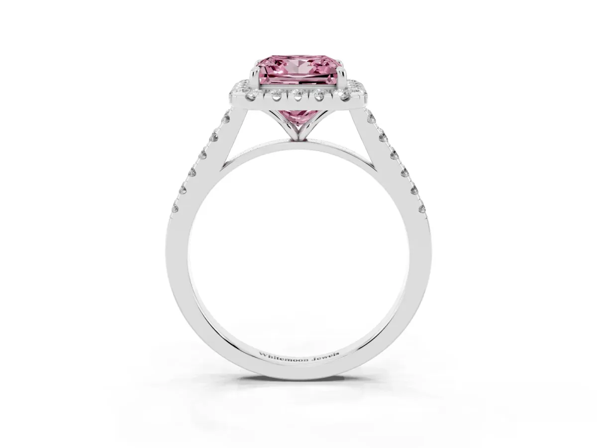 Fancy Pink Princess Cut Halo Pave Diamond Engagement Ring with Four-Prong Setting Silver