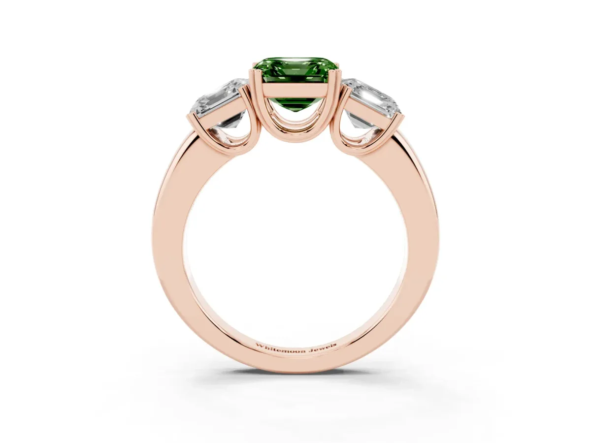 Fancy Green Three-Stone Asscher Cut Cut Diamond Ring with Channel Set Band and Four-Prong Setting Rose gold