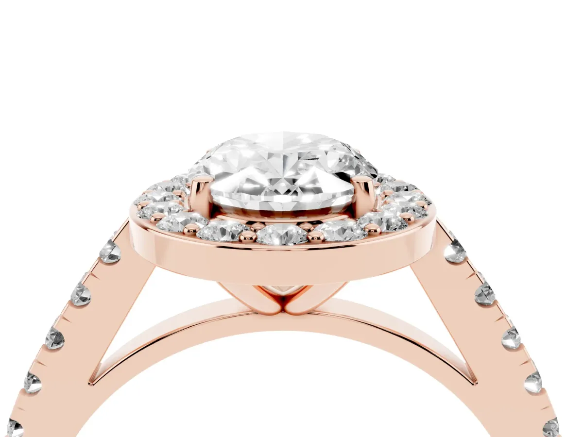Oval Cut Diamond Halo Ring with Round Pavé Split Shank and Prong Setting Rose gold