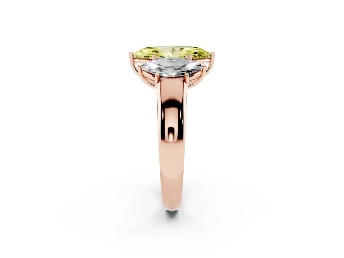 Fancy Yellow Three-Stone Marquise Cut Cut Diamond Ring with Prong Setting and Classic Band Rose gold
