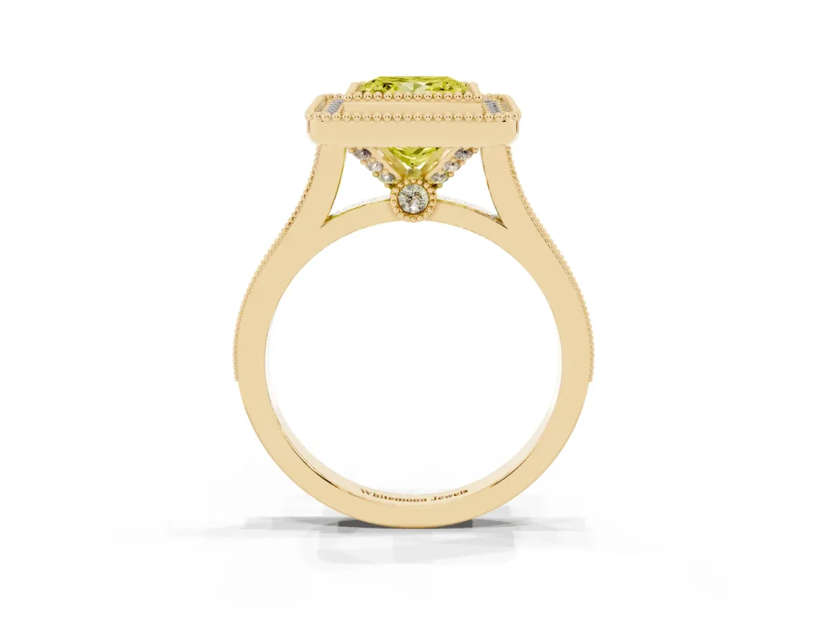 Fancy Yellow Princess Cut Diamond Halo Ring with Milgrain Frame and Pavé Band Yellow gold