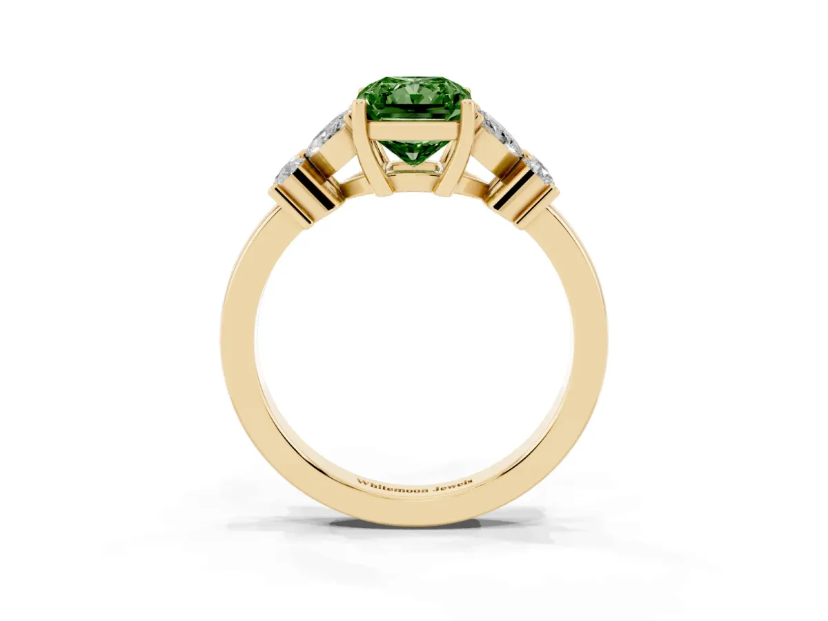 Fancy Green Radiant Cut Diamond Floral Cluster Ring with Solitaire Band and Prong Setting Yellow gold