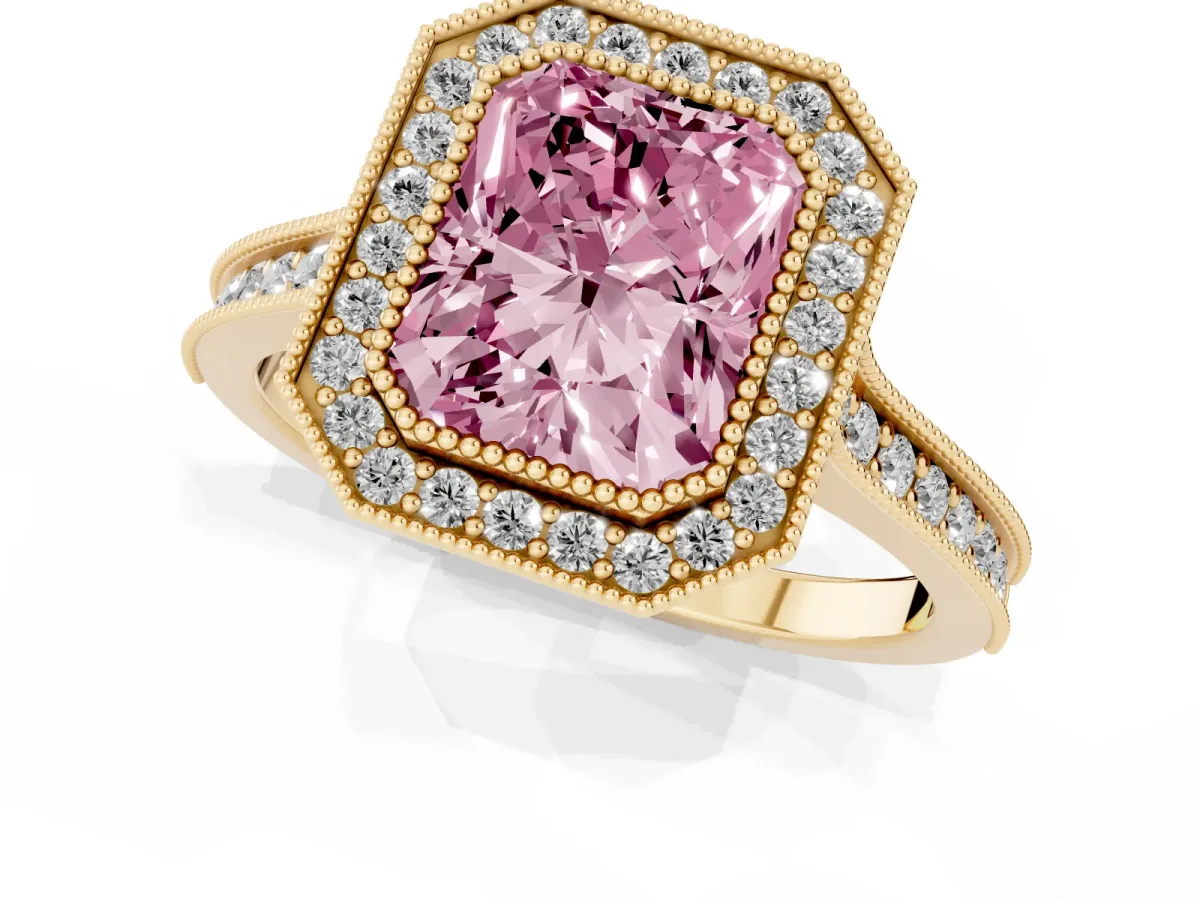 Fancy Pink Halo Radiant Cut-Cut Diamond Pave Band Milgrain Prong Setting Ring Yellow gold