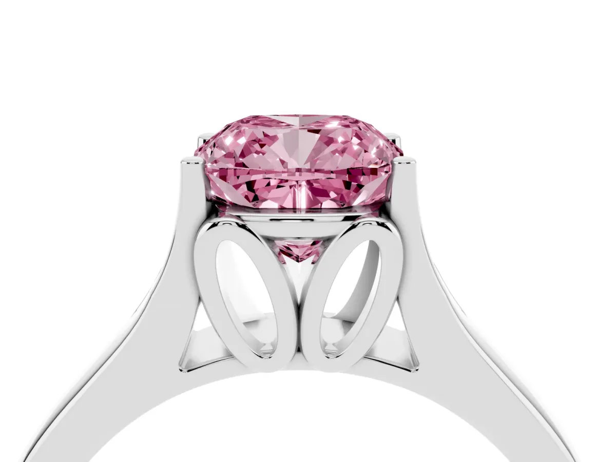 Fancy Pink Cushion Cut Solitaire Diamond Ring with Cathedral Band and Four-Prong Setting Silver