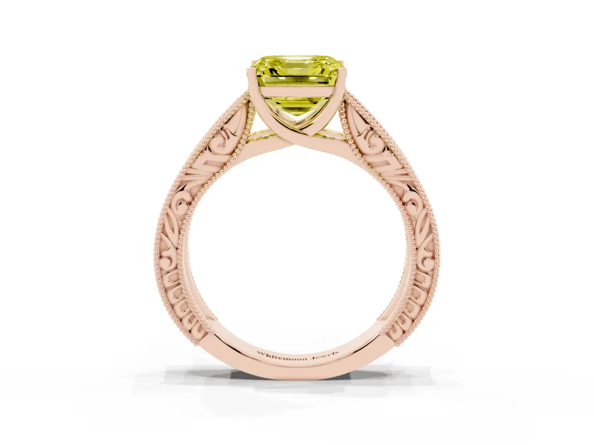 Fancy Yellow Asscher Cut Diamond Solitaire Ring with Engraved Band and Four-Prong Setting Rose gold
