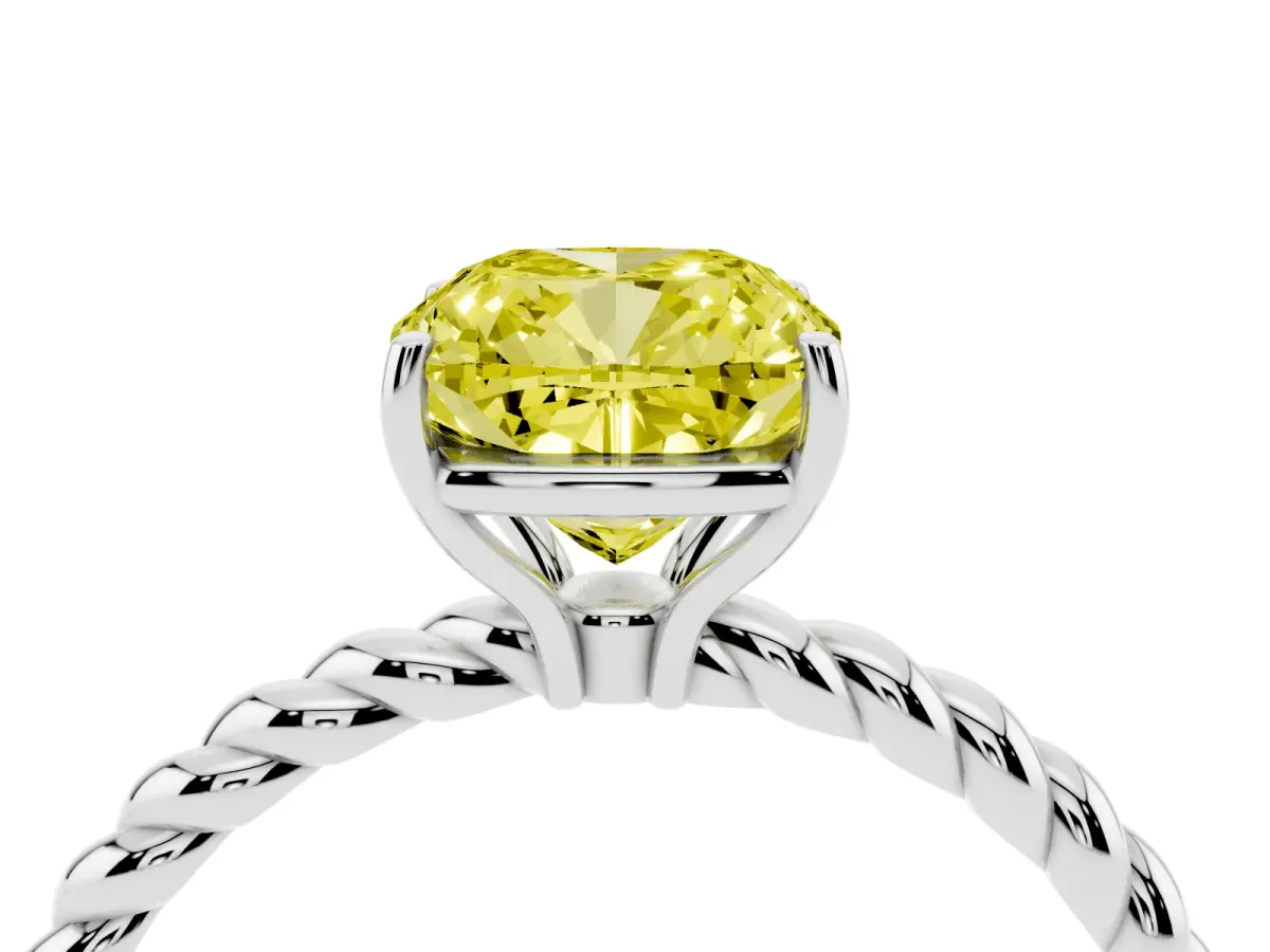 Fancy Yellow Cushion Cut Solitaire Twisted Band 4-Prong Ring Silver