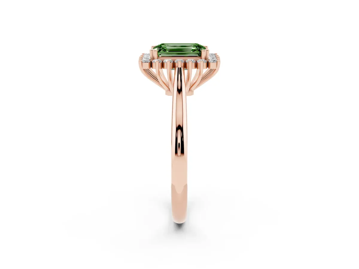 Fancy Green Emerald Cut Cut Diamond Halo Ring with Solitaire Band and Prong Setting Rose gold