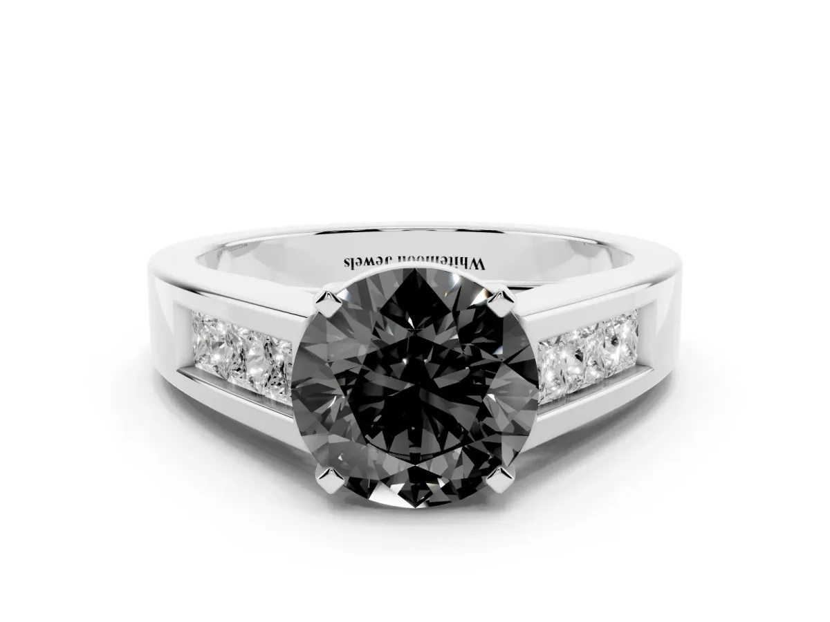 Fancy Black Round Cut Cut Channel Set Solitaire Ring with Four-Prong Setting White gold