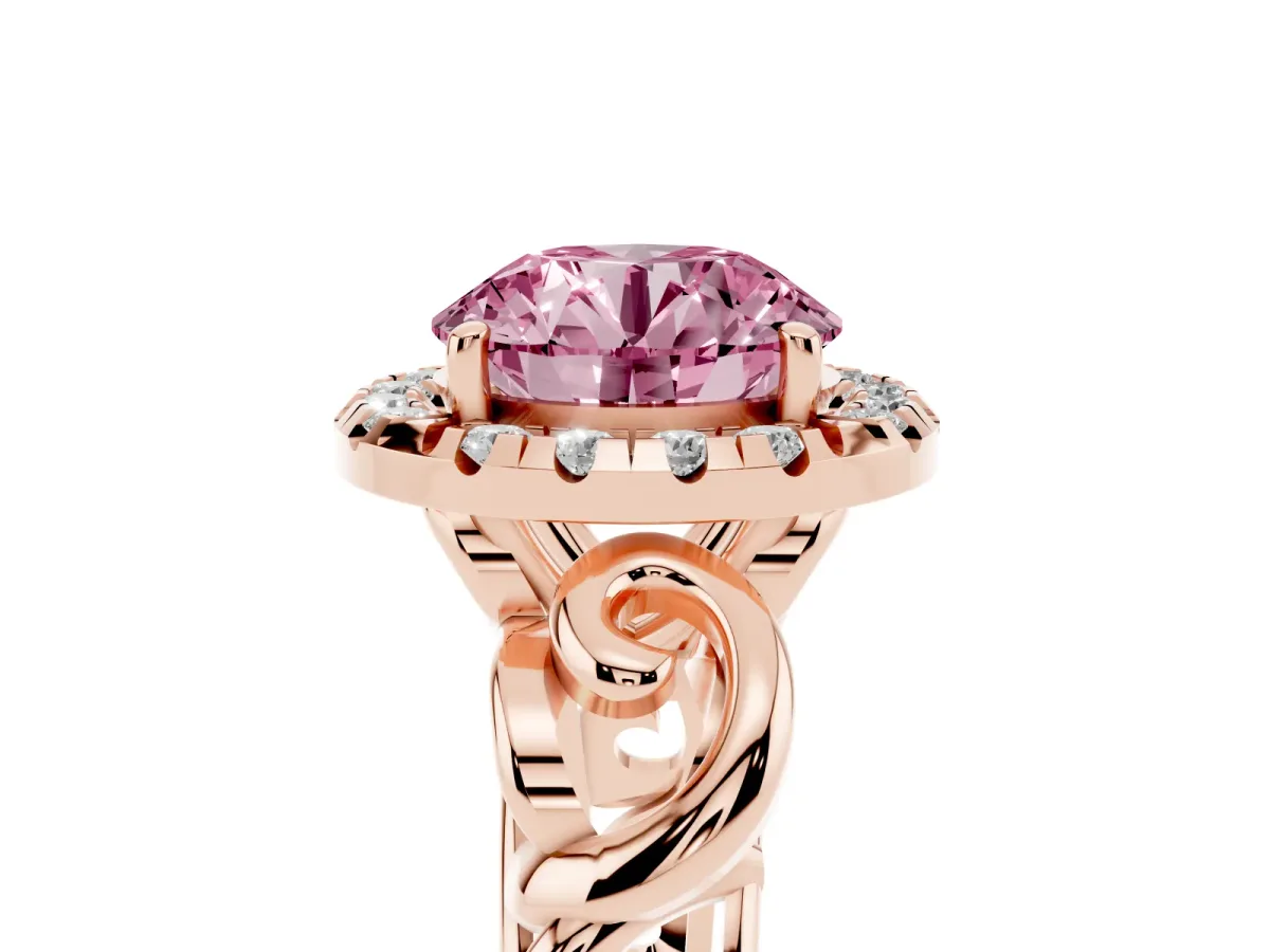 Fancy Pink Round Cut Cut Halo Diamond Ring with Scrollwork Band and Four-Prong Setting Rose gold