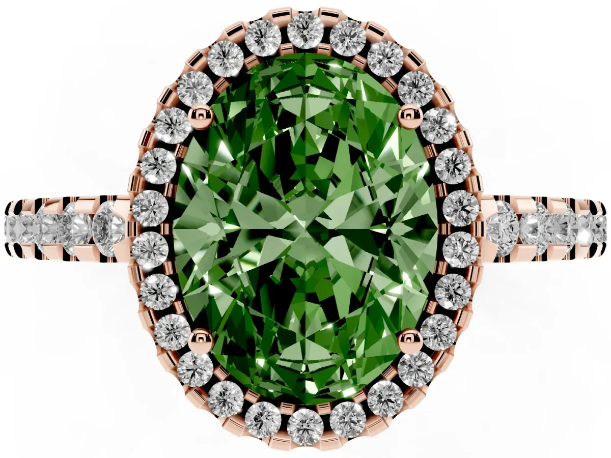 Fancy Green Oval Cut Diamond Halo Engagement Ring with Pavé Band and Prong Setting Rose gold
