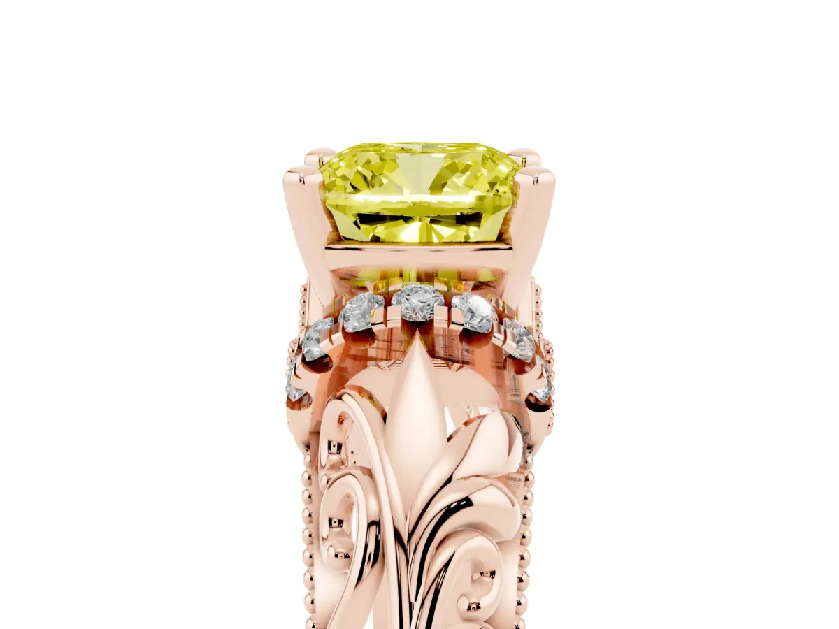 Fancy Yellow Cushion Cut Solitaire Filigree Engagement Ring with Halo and Prong Setting Rose gold