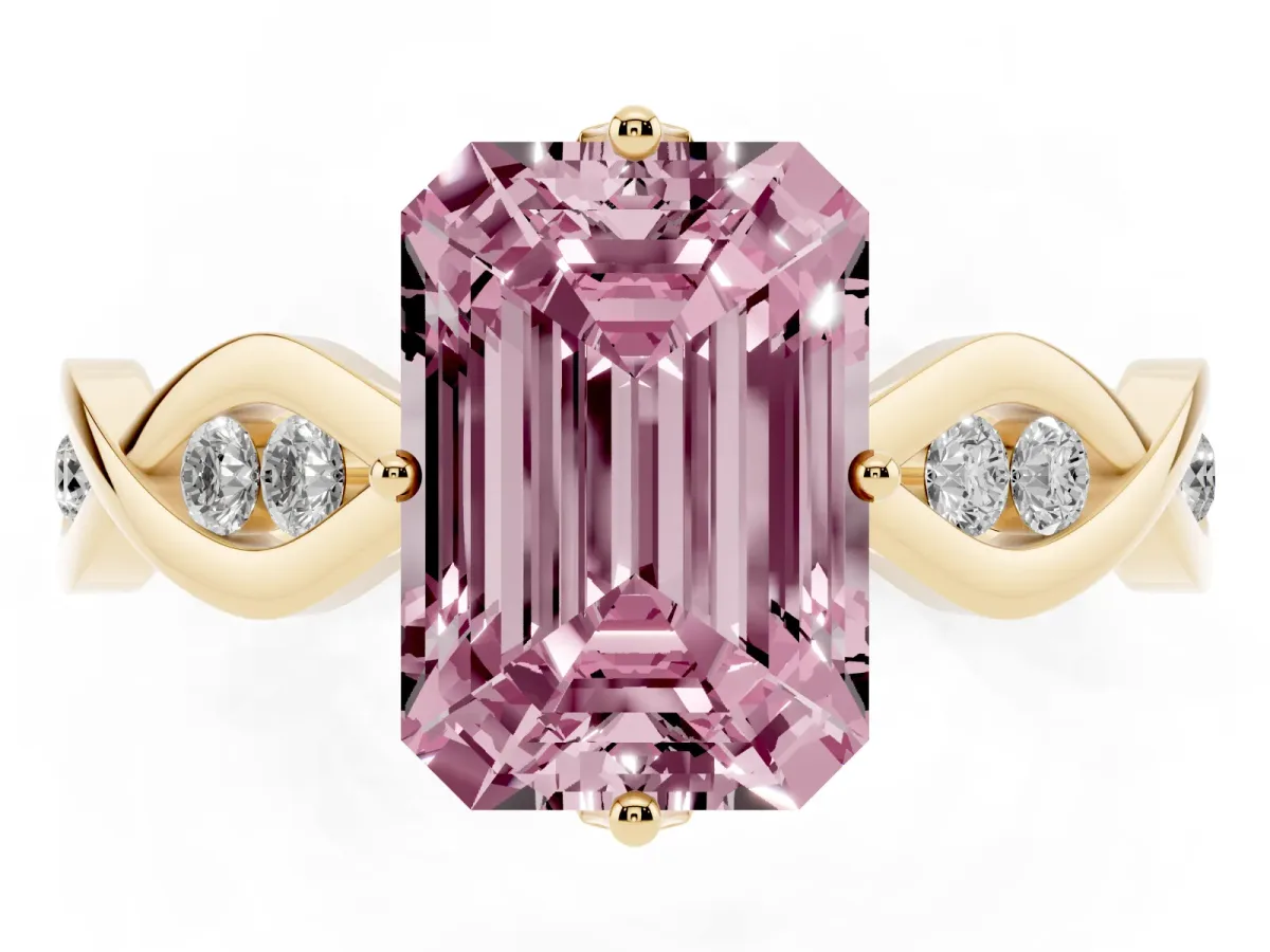 Fancy Pink Emerald Cut Solitaire Twist Band with Leaf Prong Setting Yellow gold