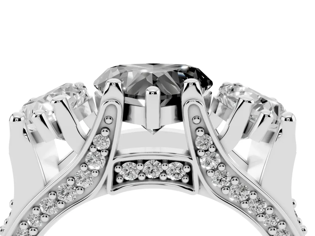Fancy Black Heart Cut Diamond Three-Stone Ring with Channel Set Band and Four-Prong Setting Silver