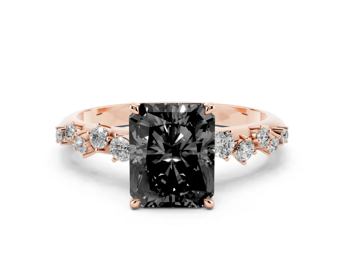 Fancy Black Radiant Cut Diamond Cluster Side Stone Solitaire Ring with Prong Setting Rose gold