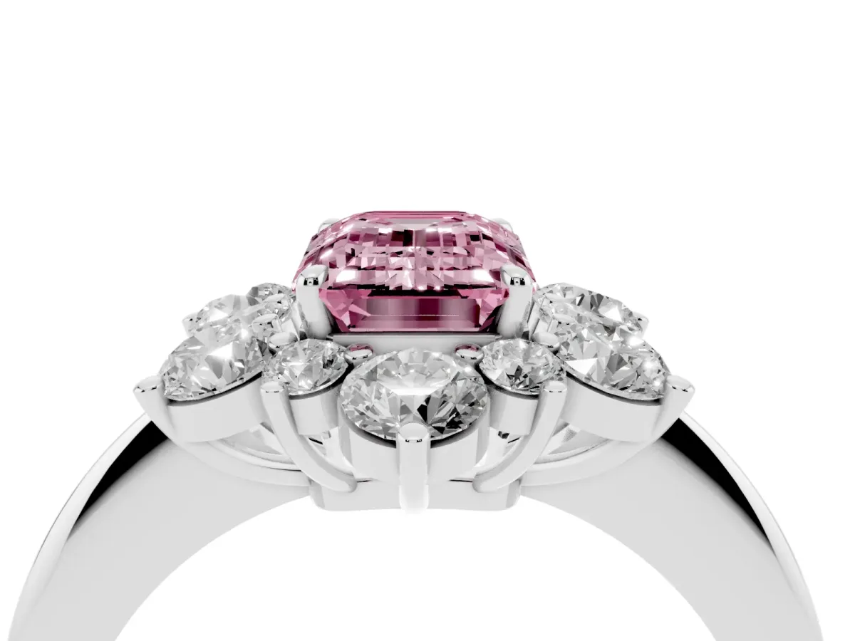 Fancy Pink Emerald Cut Diamond Cluster Halo Ring with Solitaire Band and Four-Prong Setting White gold