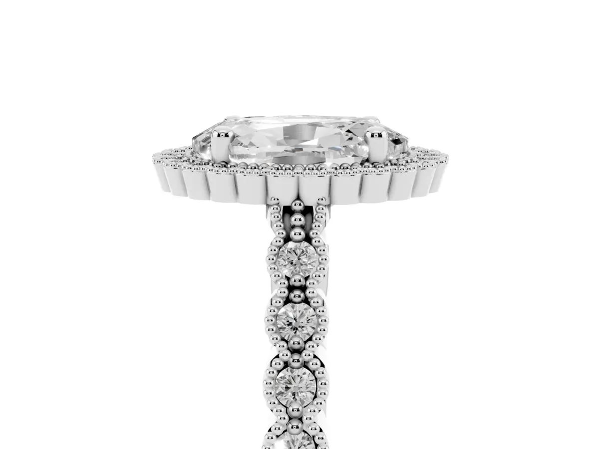 Oval Cut Cut Halo Pavé Solitaire Ring with Milgrain Band Silver