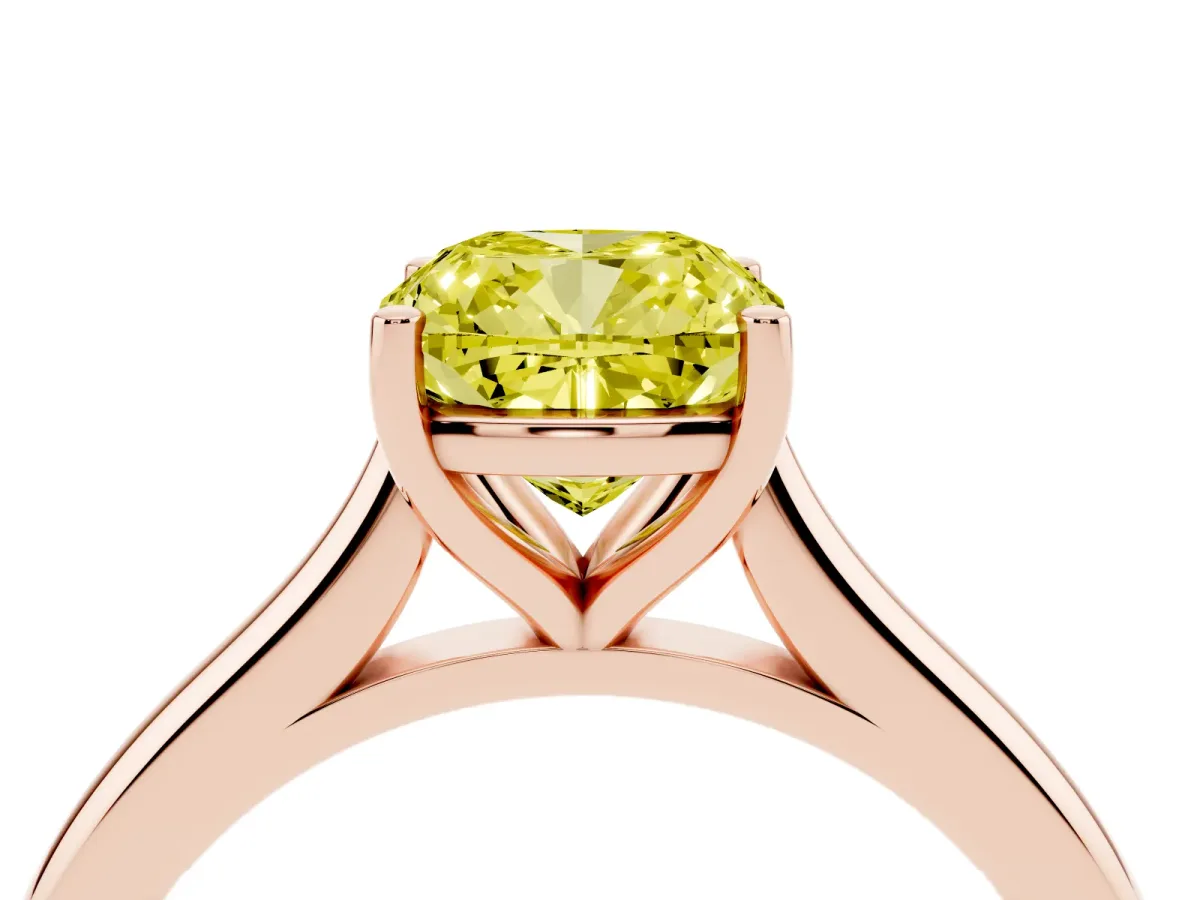 Fancy Yellow Cushion Cut Cut Solitaire Ring with Cathedral Band and Four-Prong Setting Rose gold