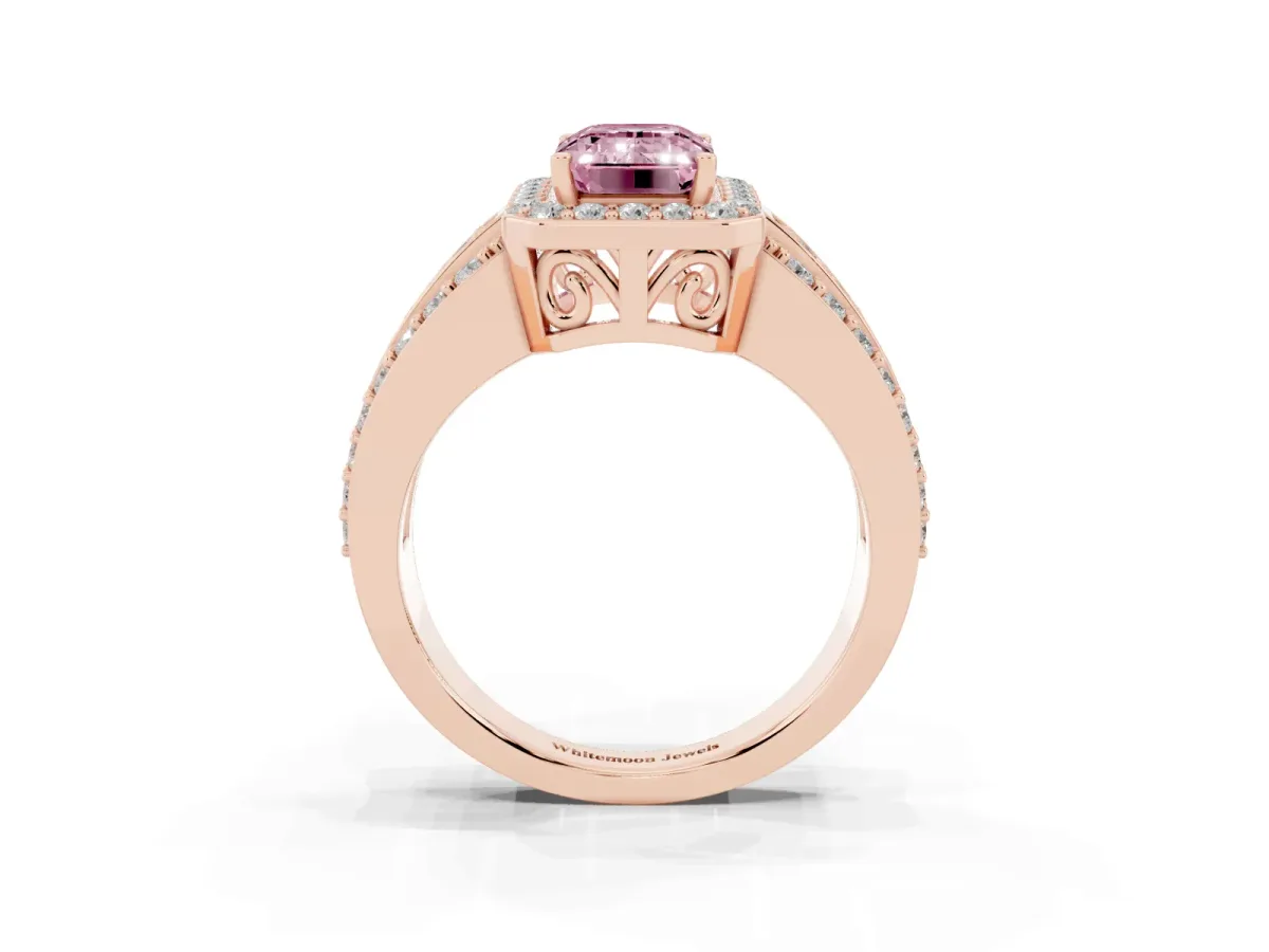 Fancy Pink Emerald Cut Halo Diamond Ring with Round Split Shank and Prong Setting Rose gold