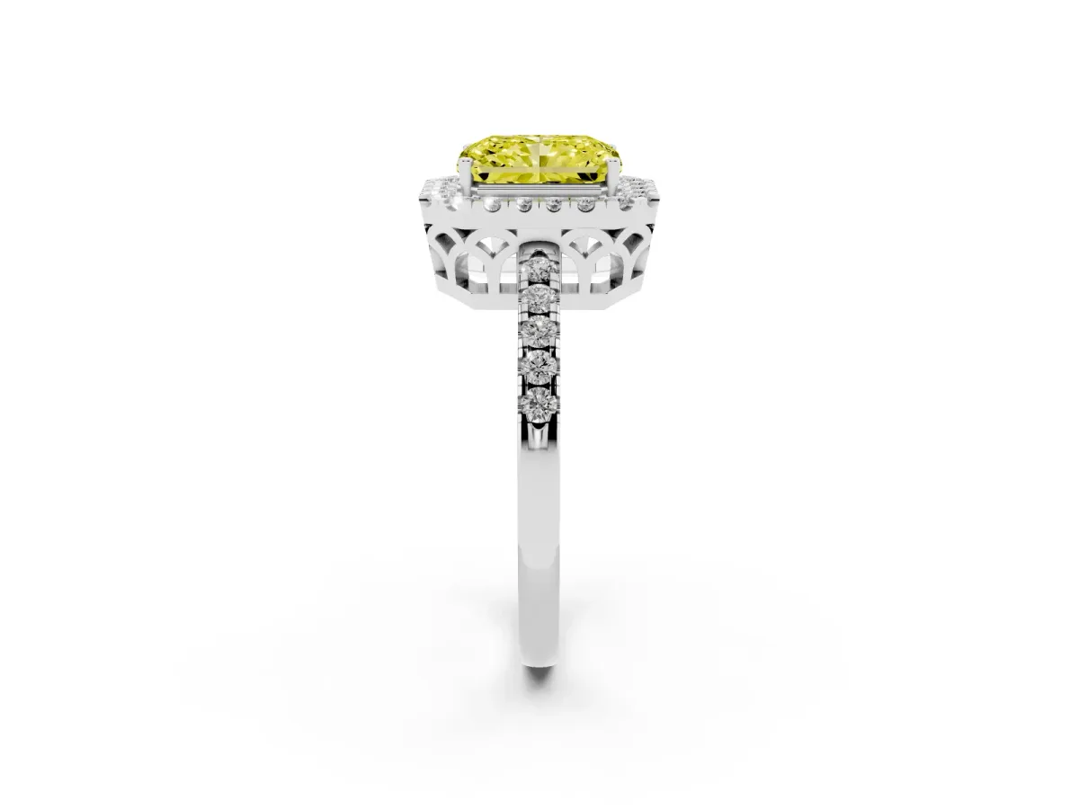 Fancy Yellow Radiant Cut Halo Diamond Engagement Ring with Pavé Band and Four-Prong Setting White gold