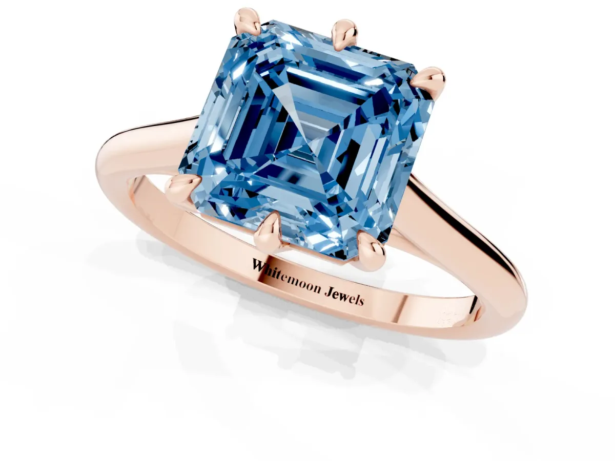 Fancy Blue Asscher Cut Solitaire Engagement Ring with Six-Prong Setting and Classic Band Rose gold