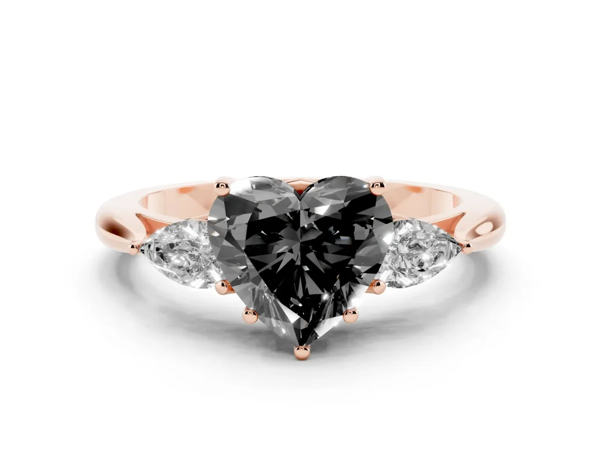 Fancy Black Heart Cut Diamond Three-Stone Ring with Pear Side Stones and Prong Setting Rose gold