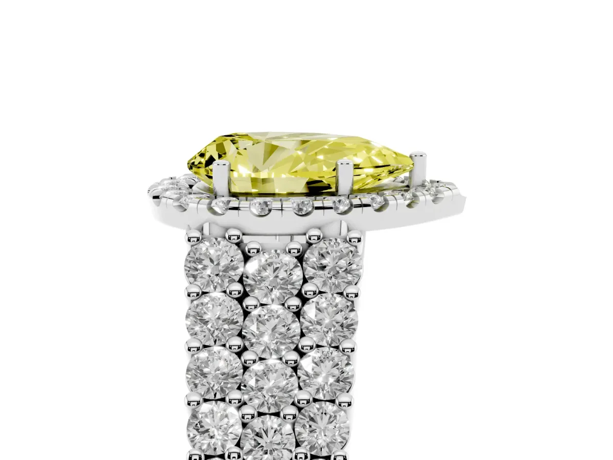 Fancy Yellow Pear Cut Diamond Halo Engagement Ring with Triple Row Round Pavé Band and Prong Setting Silver
