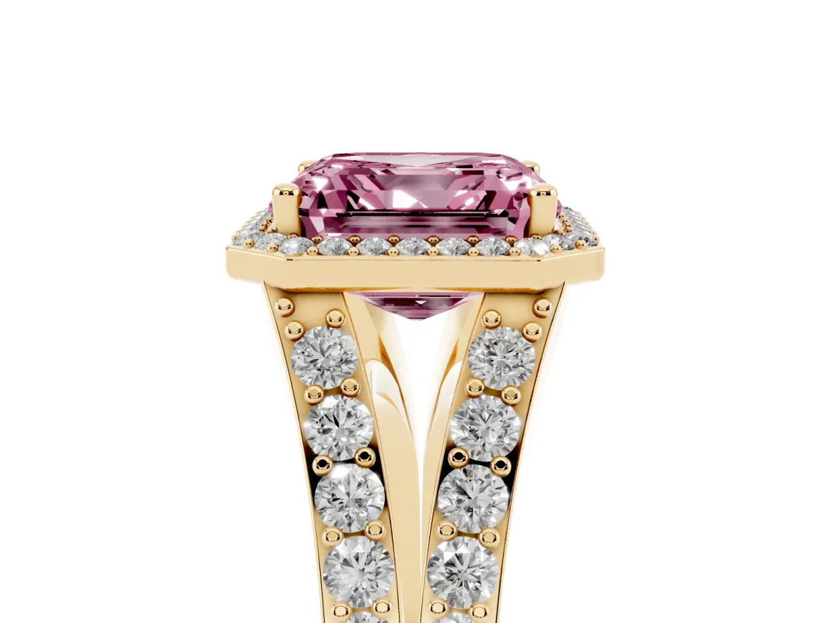 Fancy Pink Asscher Cut Diamond Split Shank Halo Ring with Four-Prong Setting Yellow gold