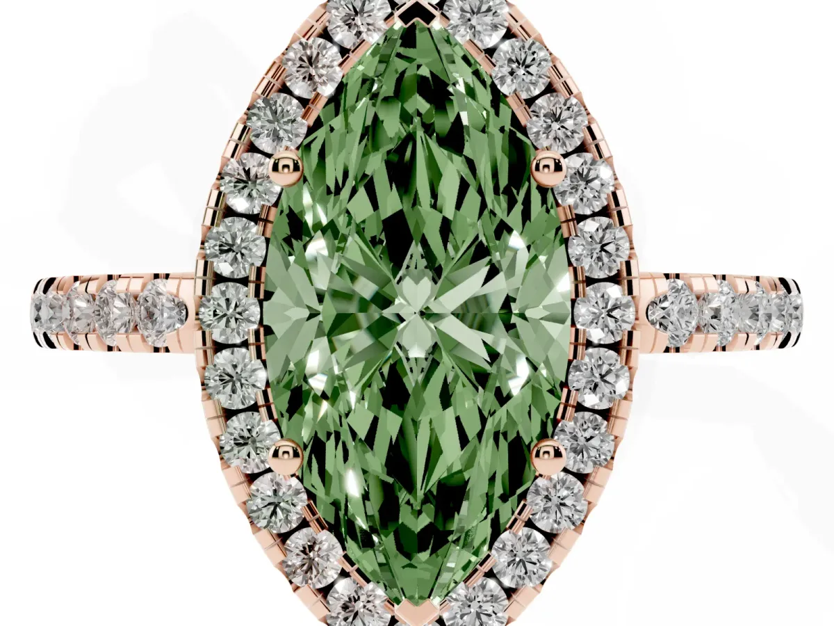Fancy Green Marquise Cut Halo Diamond Engagement Ring with Pavé Band and Four-Prong Setting Rose gold