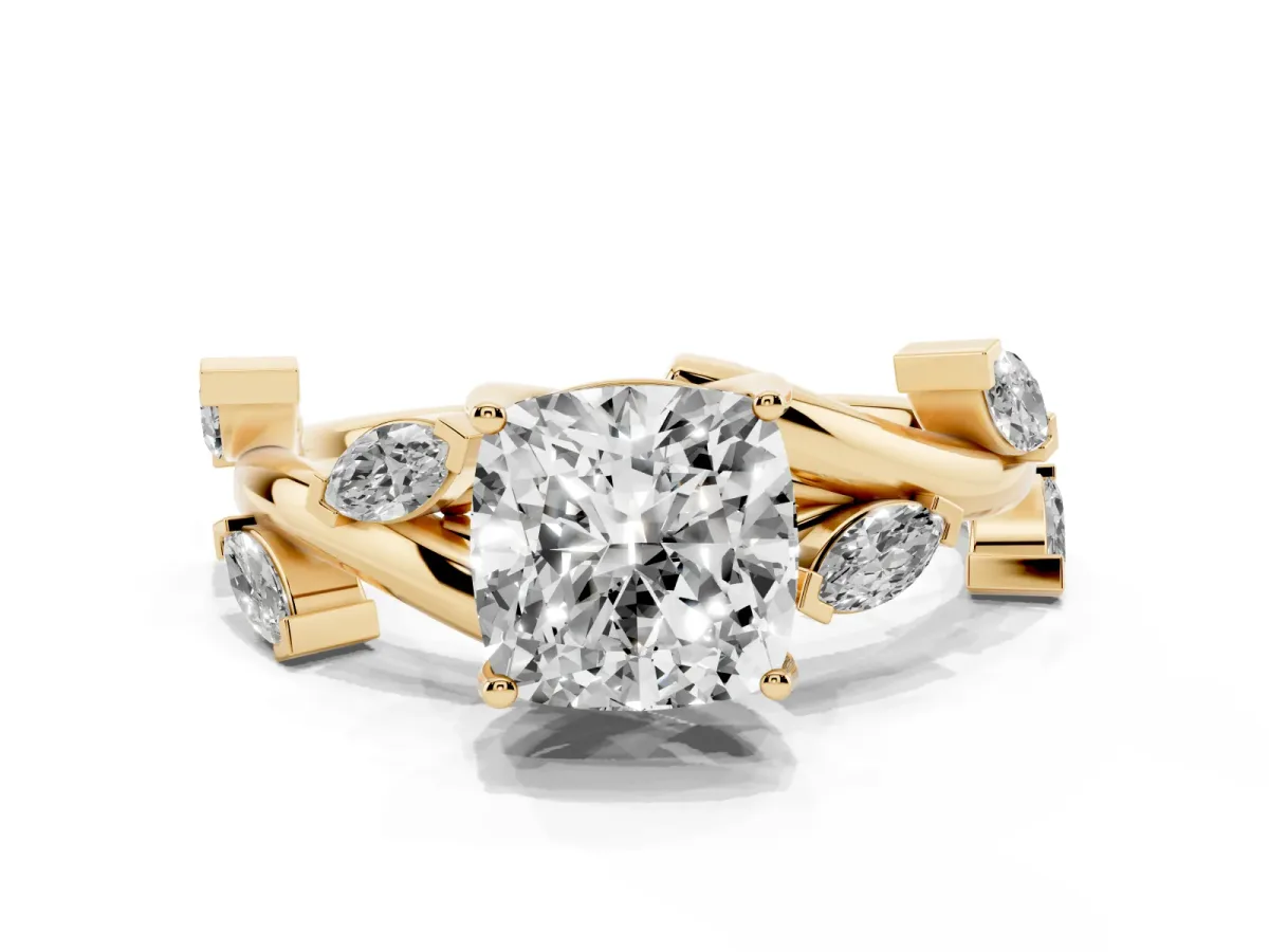Cushion Cut Solitaire Twisted Band Marquise Accent Prong Setting Ring Yellow gold
