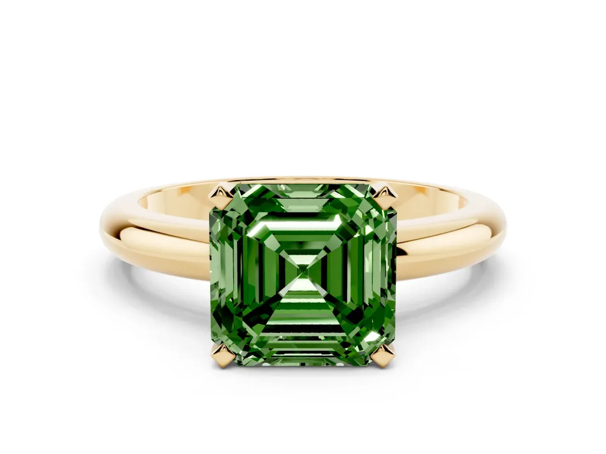 Fancy Green Asscher Cut Diamond Solitaire Engagement Ring with Round Band and Four-Prong Setting Yellow gold