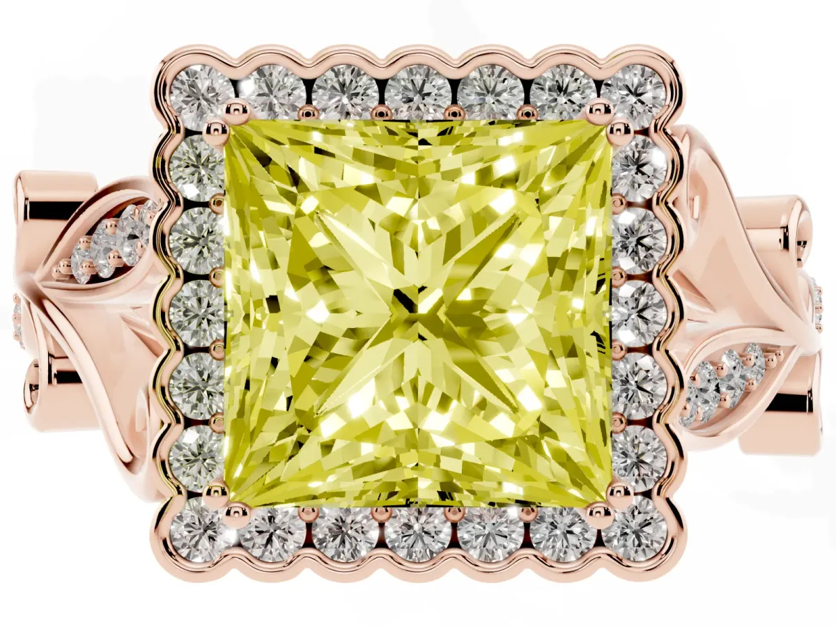 Fancy Yellow Princess Cut Diamond Halo Ring with Vintage Split Shank and Four-Prong Setting Rose gold