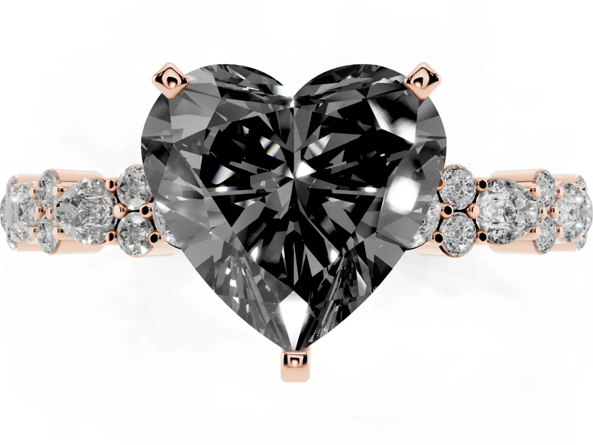 Fancy Black Heart Cut Diamond Side Stone Solitaire Ring with Round and Four-Prong Setting Rose gold