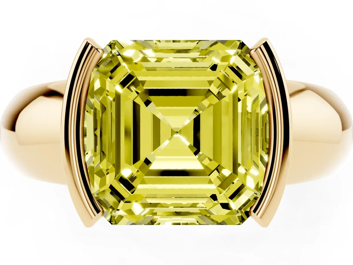 Fancy Yellow Asscher Cut Solitaire Tension Set Diamond Ring with Wide Band Yellow gold