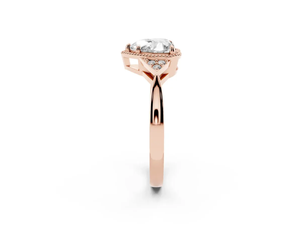 Milgrain Heart Cut Cut Diamond Ring with Tapered Pave Band and Four Prong Setting Rose gold