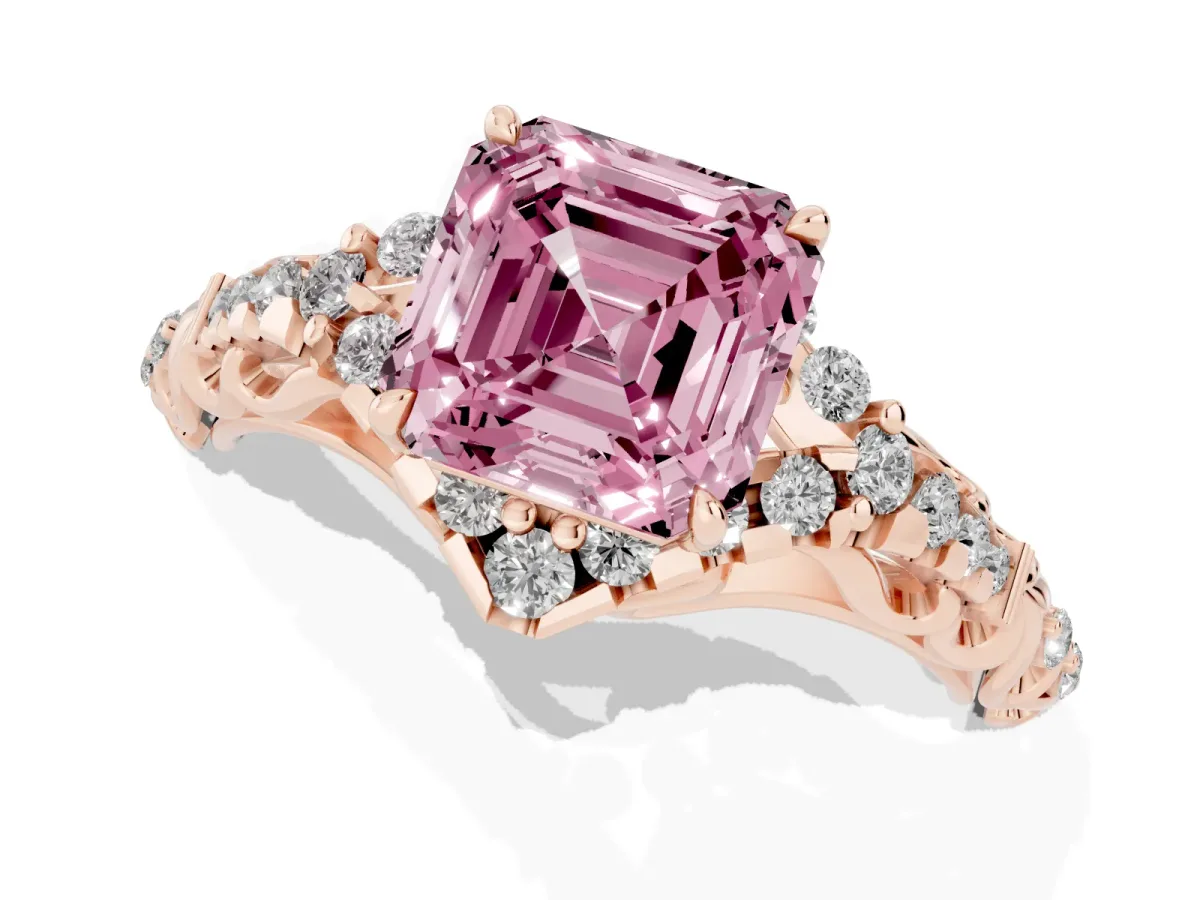 Fancy Pink Asscher Cut Diamond Solitaire Ring with Hidden Halo and Pavé Band Rose gold