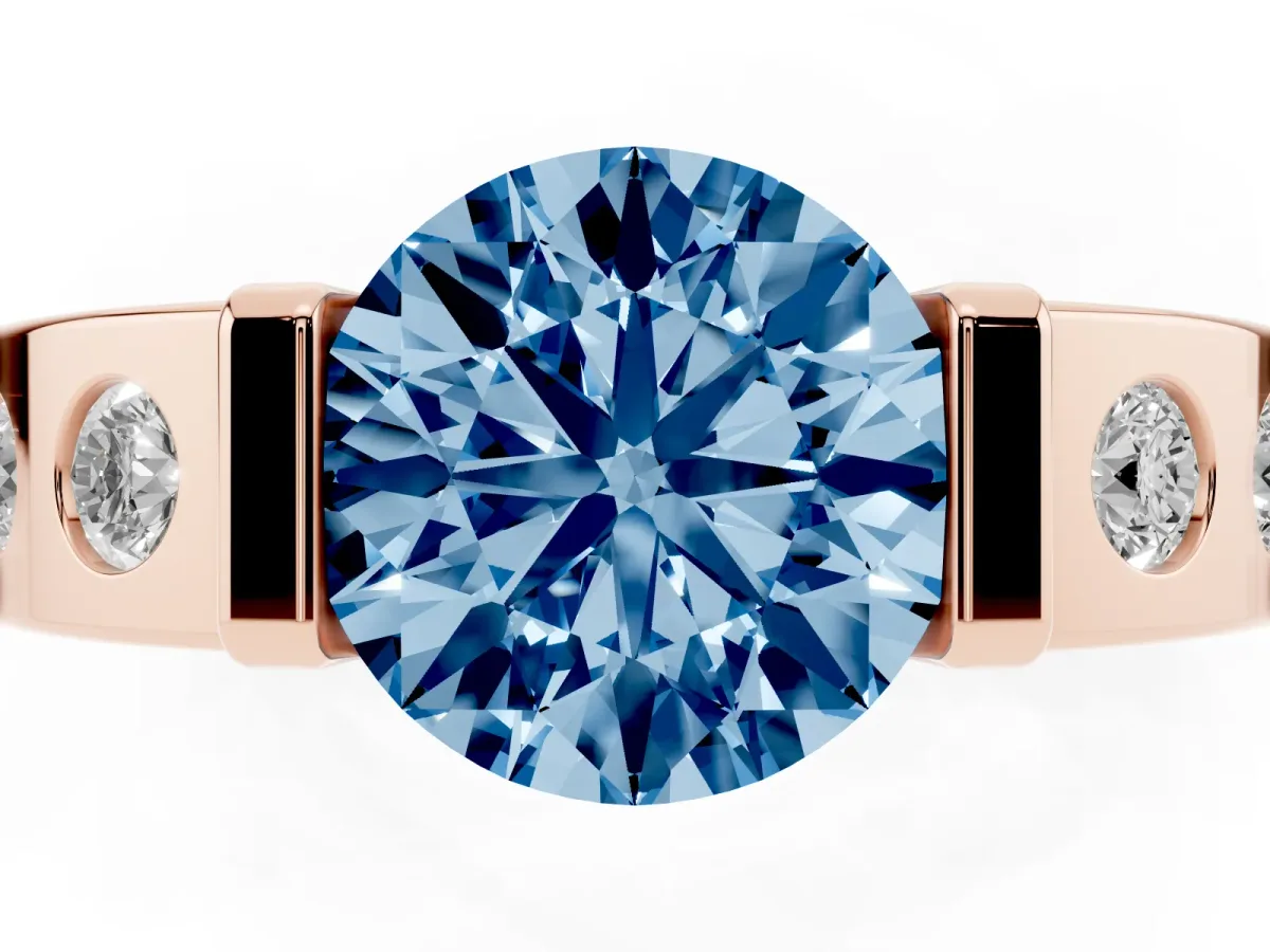 Fancy Blue Round Cut Brilliant Channel-Set Diamond Ring with Bezel Prong Setting Rose gold
