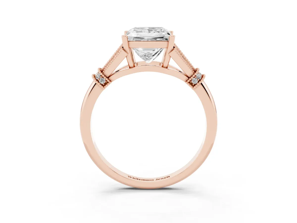 Princess Cut Diamond Solitaire Ring with Floral Filigree and Pave Accents Rose gold