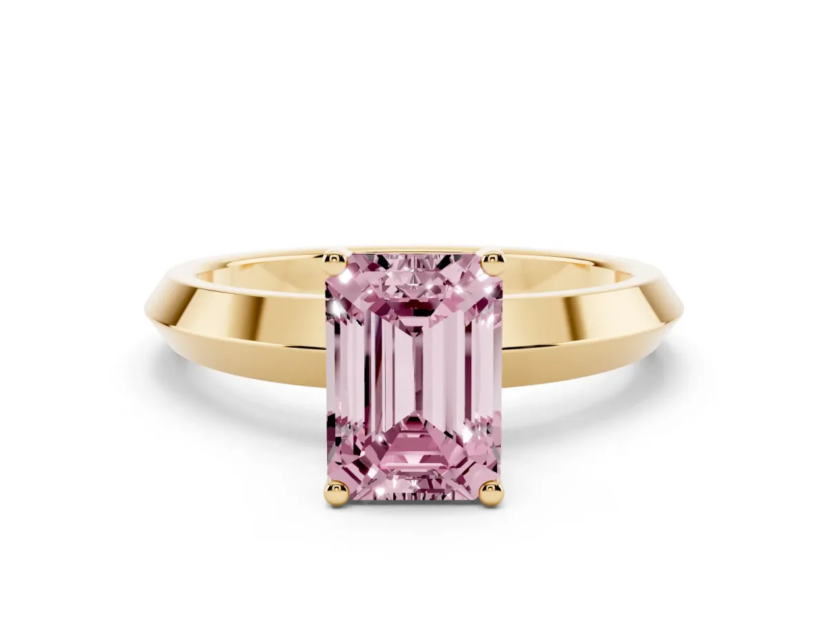 Fancy Pink Emerald Cut Cut Solitaire Engagement Ring with Flat Band and Four-Prong Setting Yellow gold