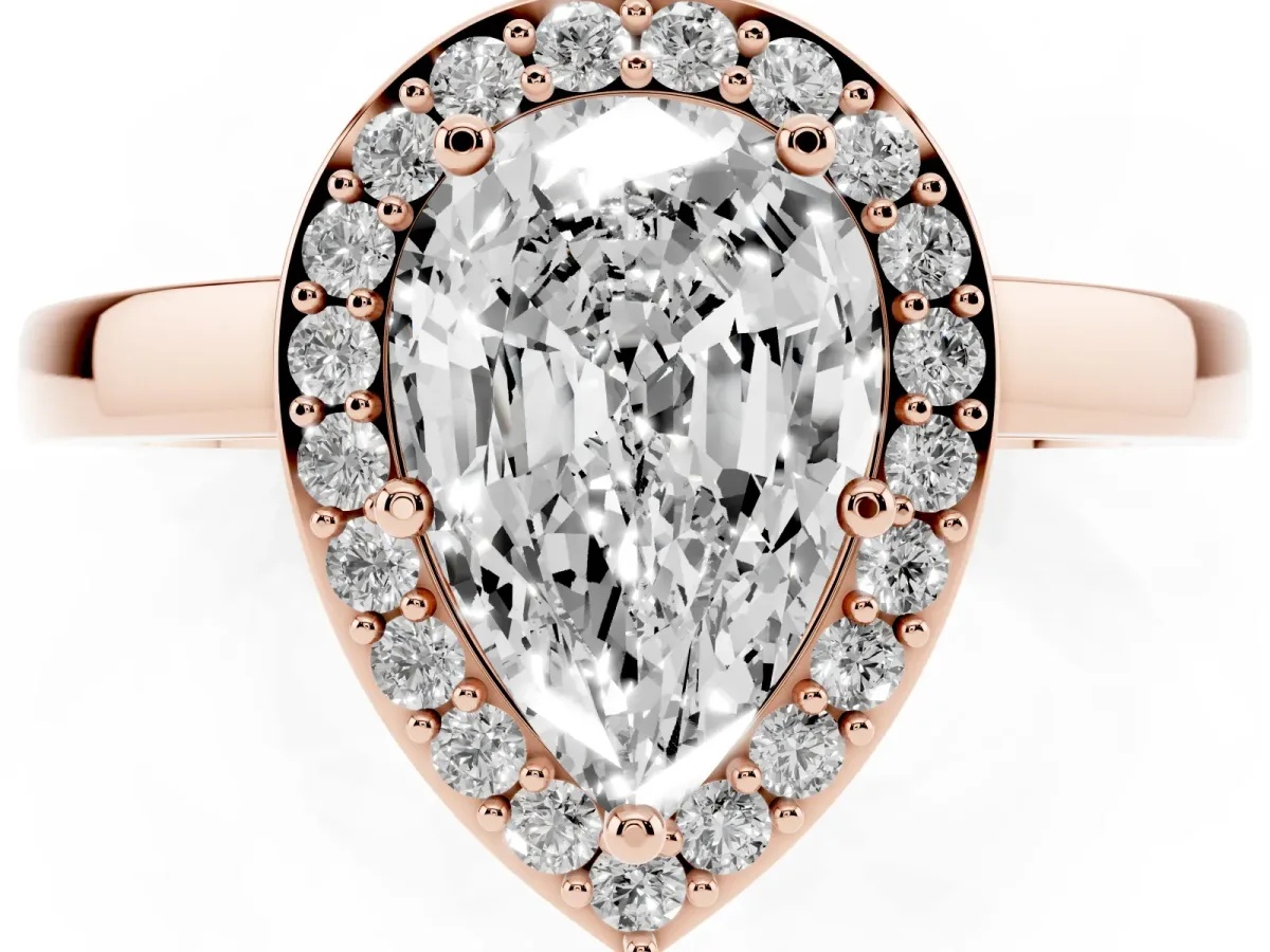 Pear Cut Halo Diamond Ring with Solitaire Band and Prong Setting Rose gold